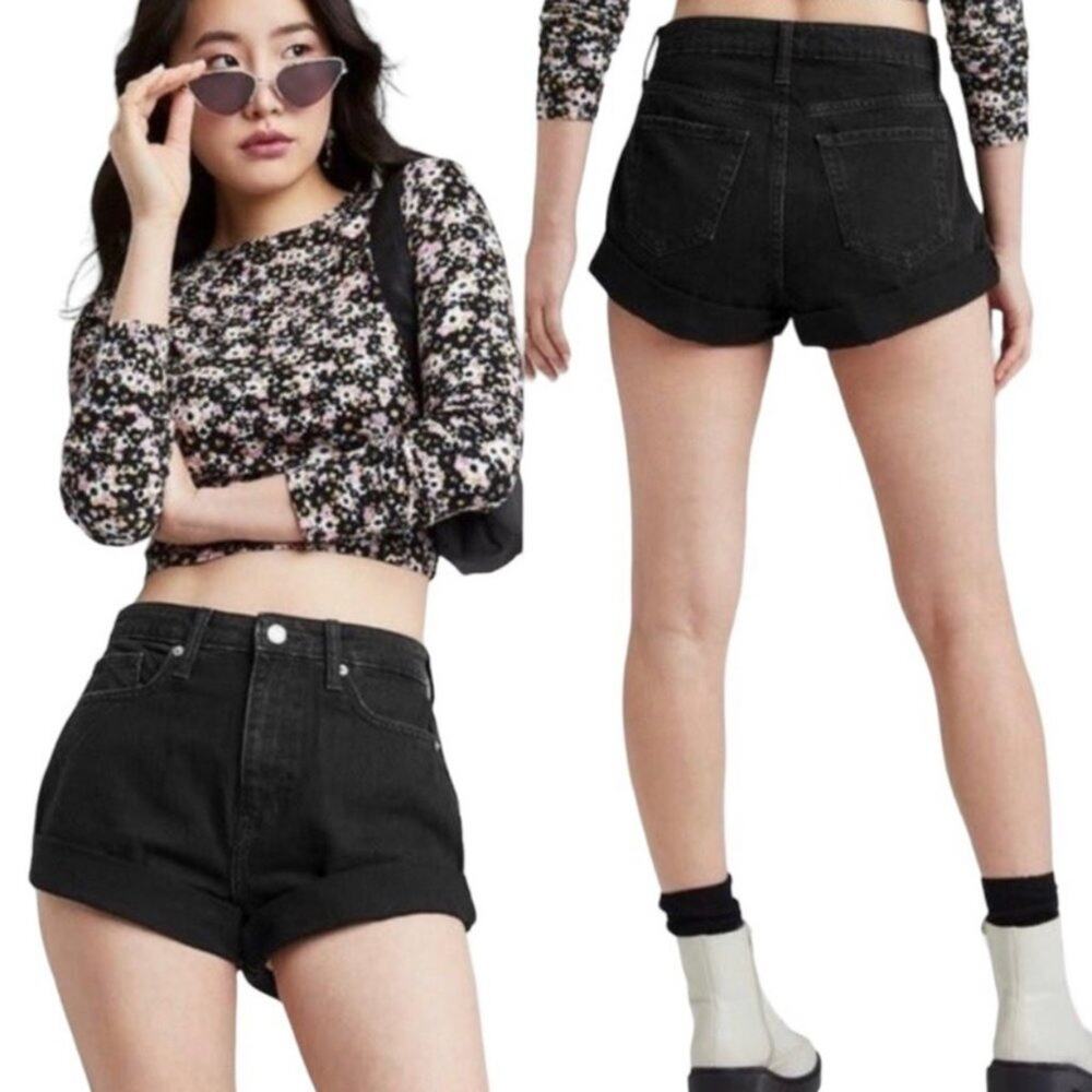 Wild Fable Women's Sz 10 Black Cotton Jean Cuffed Mom High Rise Shorts